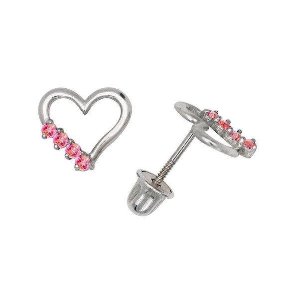 14K Solid White Gold Open Heart Love Screw Back Earrings Set With Birthstones - Picture 6 of 7